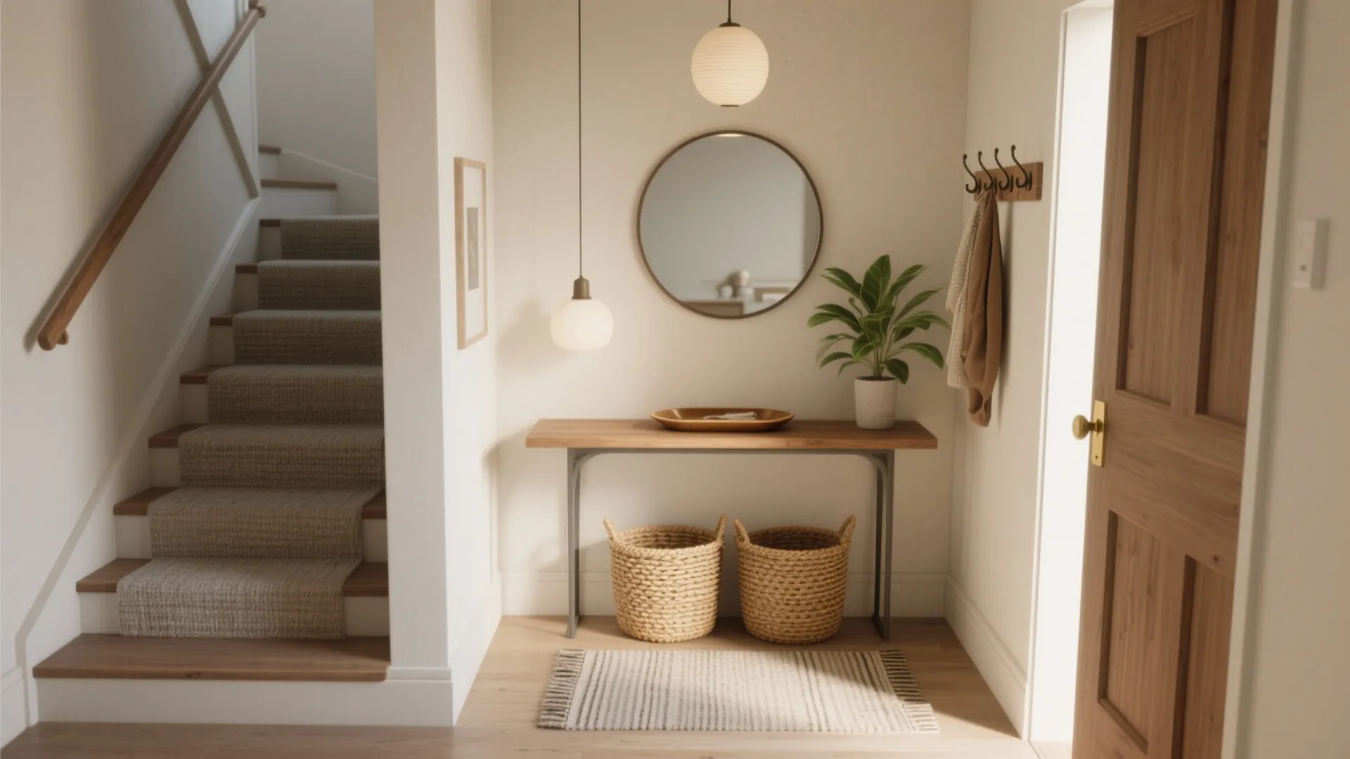 Entryway with wooden table, round mirror, hanging light fixture, storage baskets, and carpeted stairs view