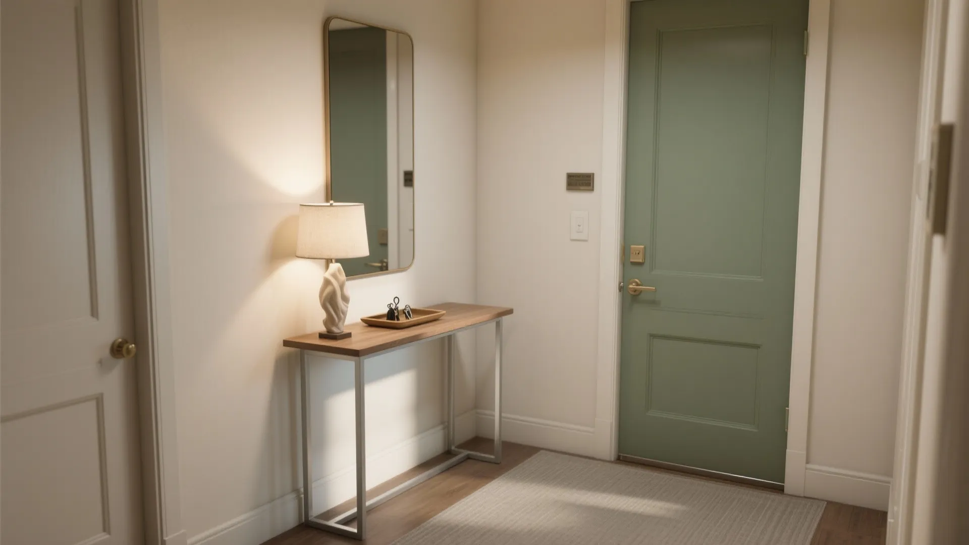 Minimalist entryway with green door, wooden table, lamp, mirror, rug, and soft lighting on walls