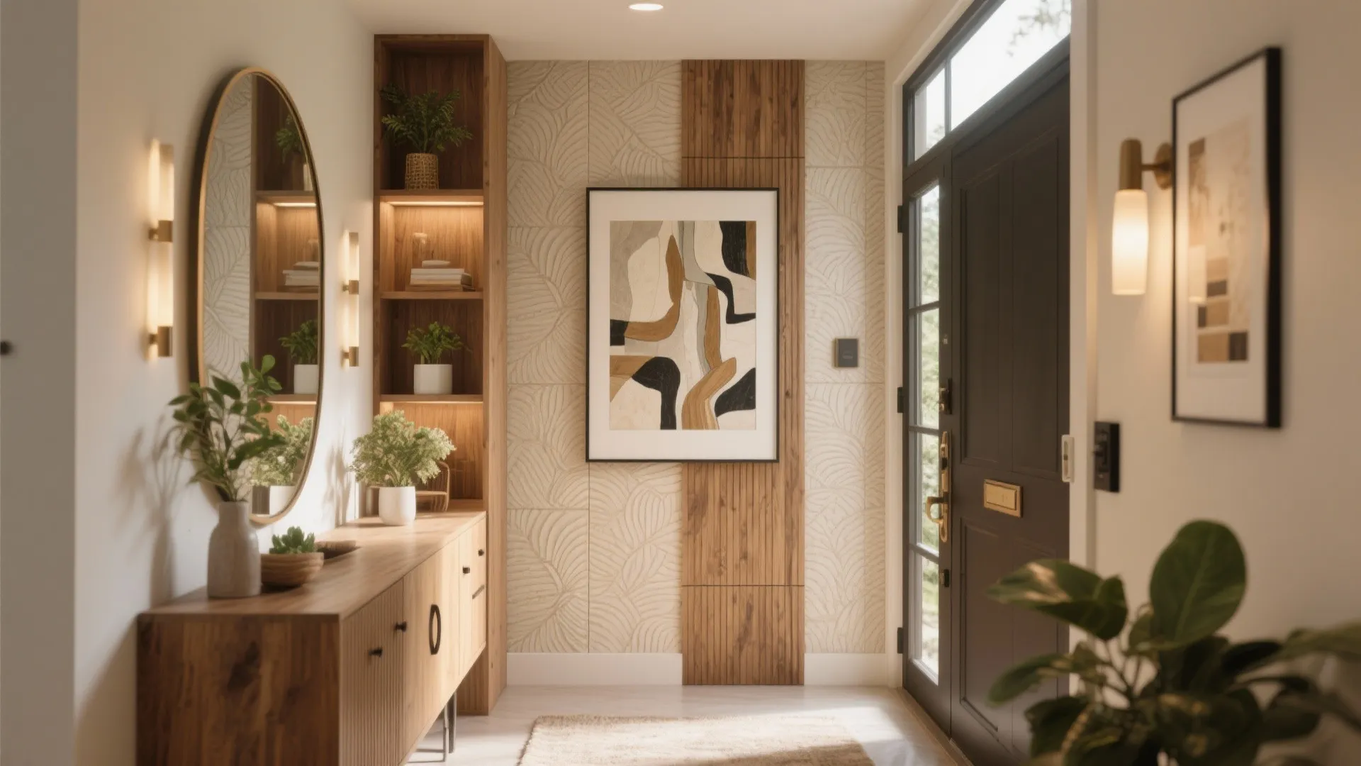 Modern entryway featuring round mirror wooden cabinet storage shelves abstract wall art and dark door