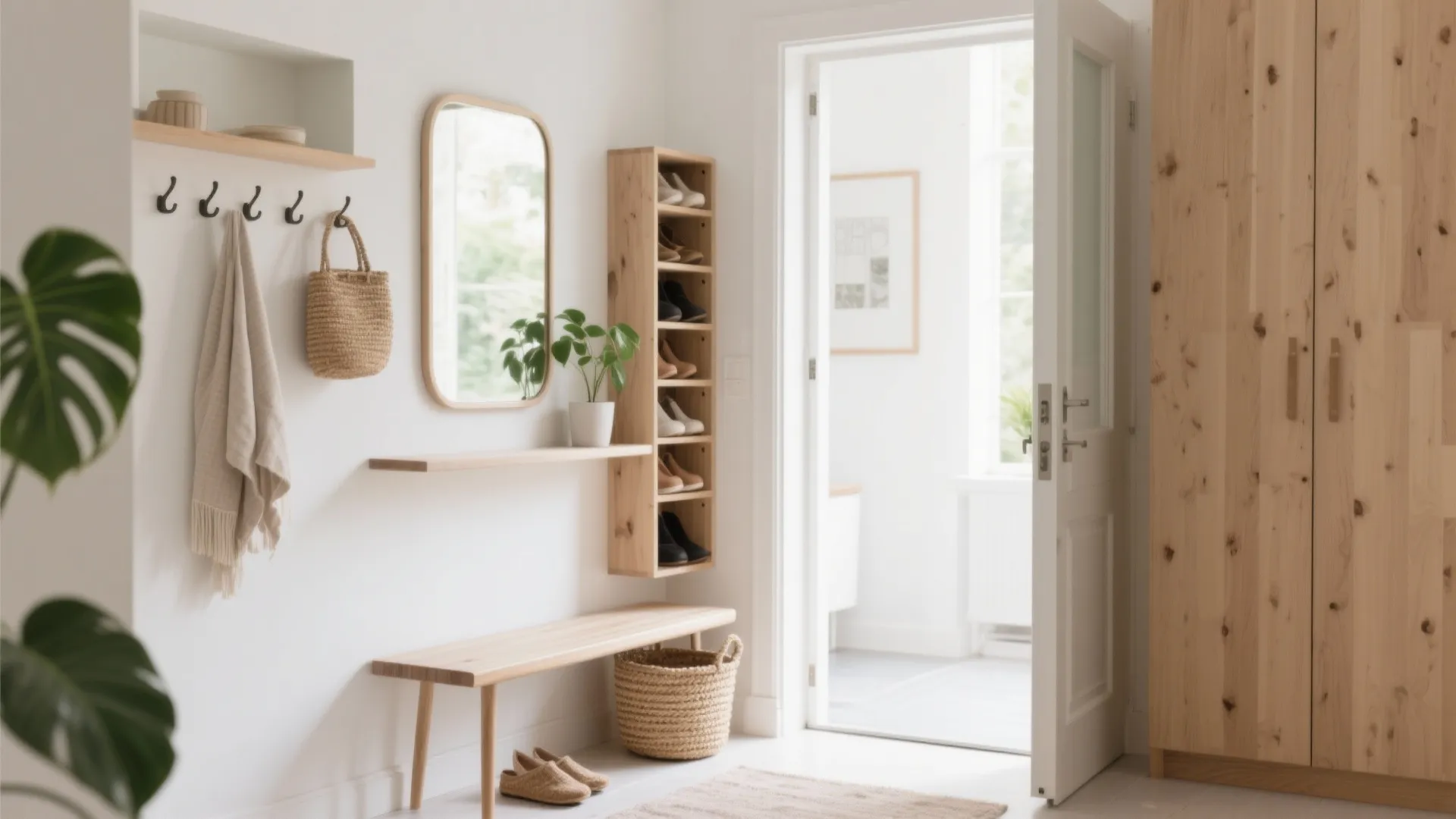 Small entryway with wall hooks, round mirror, tall shoe rack, wooden bench, and large cabinet