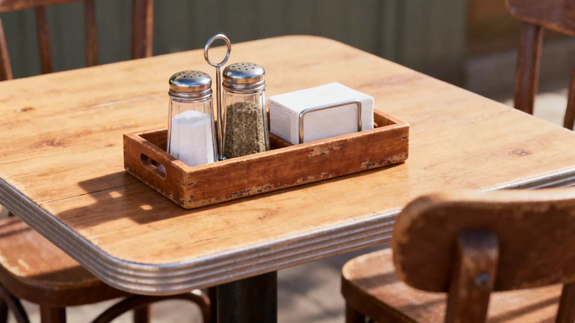 Wooden tray on a table holding salt and pepper shakers with a white paper napkin