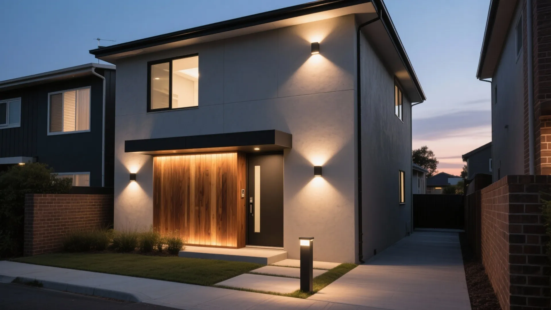 Modern house exterior at night with warm wall lights wooden panels and a concrete driveway