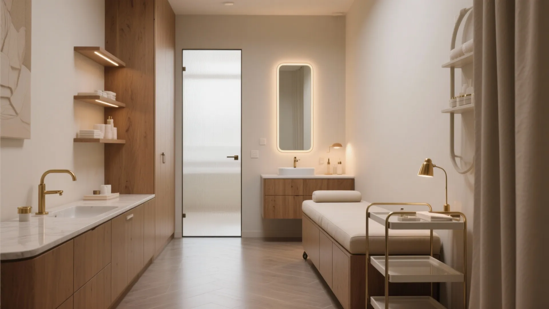 Minimalist facial room design with wooden cabinets lighted mirror white massage bed and gold fixtures