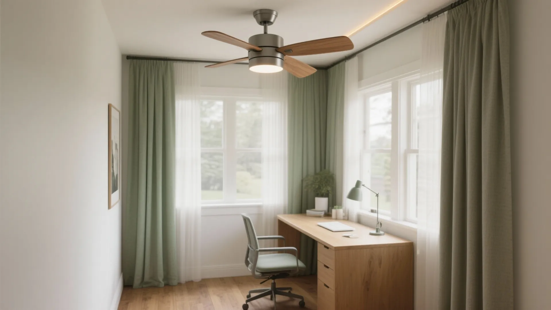 Home office with wooden desk green chair ceiling light and windows with green and white curtains