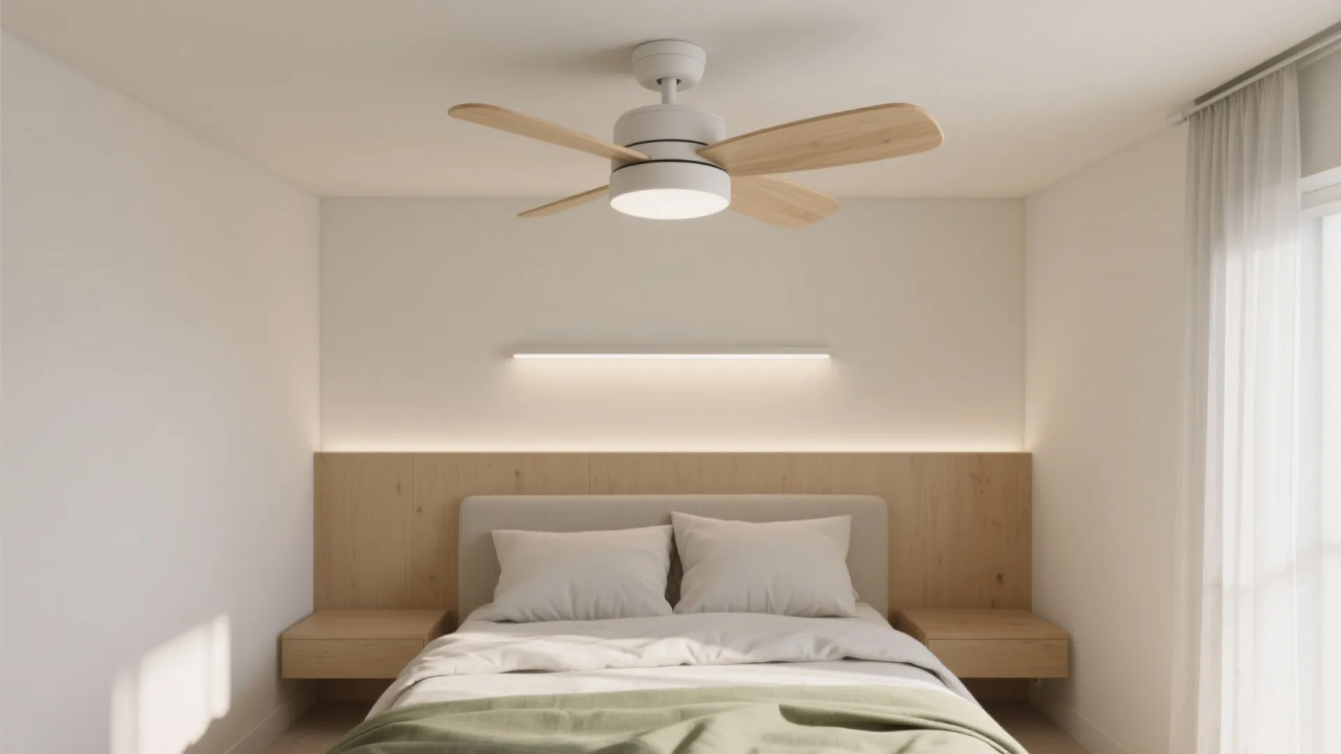 Minimalist bedroom with white bedding wooden wall panel matching side tables and a white ceiling light