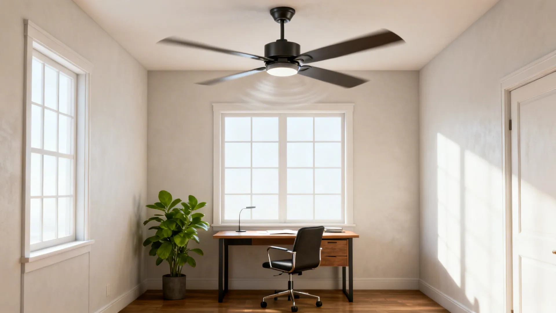 Small home office with a 34-inch high-pitch ceiling fan in motion above a compact desk