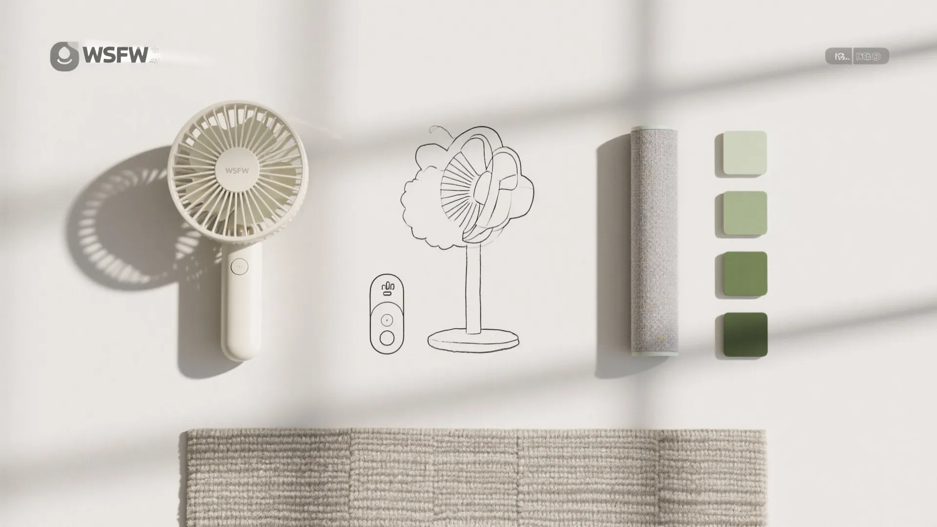 Flat lay of icons and material swatches representing compact, hugger, smart, zoning, and quiet fan ideas.