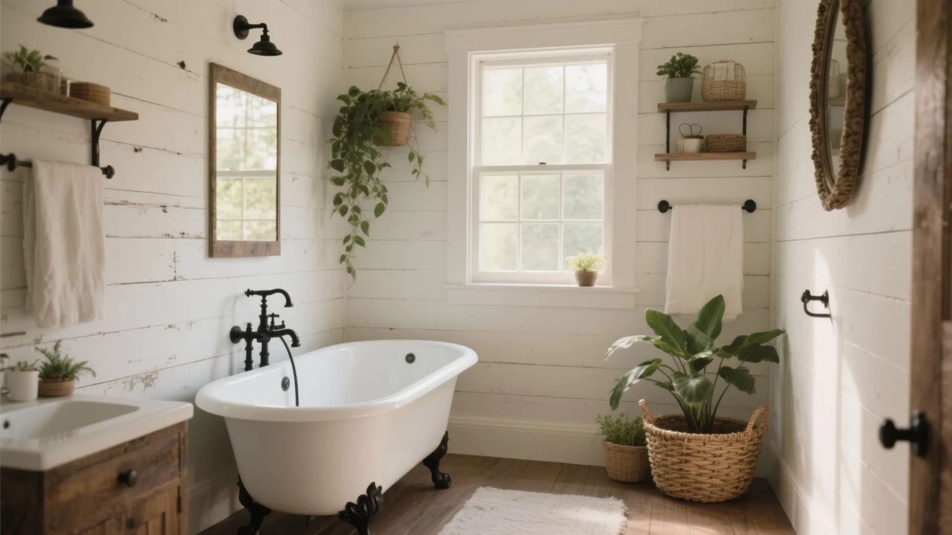 Modern farmhouse bathroom with white bathtub wooden floor white wall panels and green indoor hanging plants