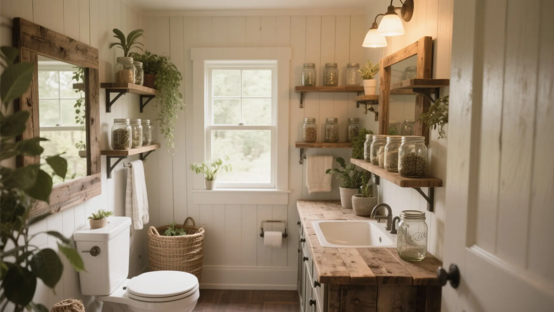 Small rustic bathroom with white walls, wooden counter, open shelves, glass jars, and green indoor plants