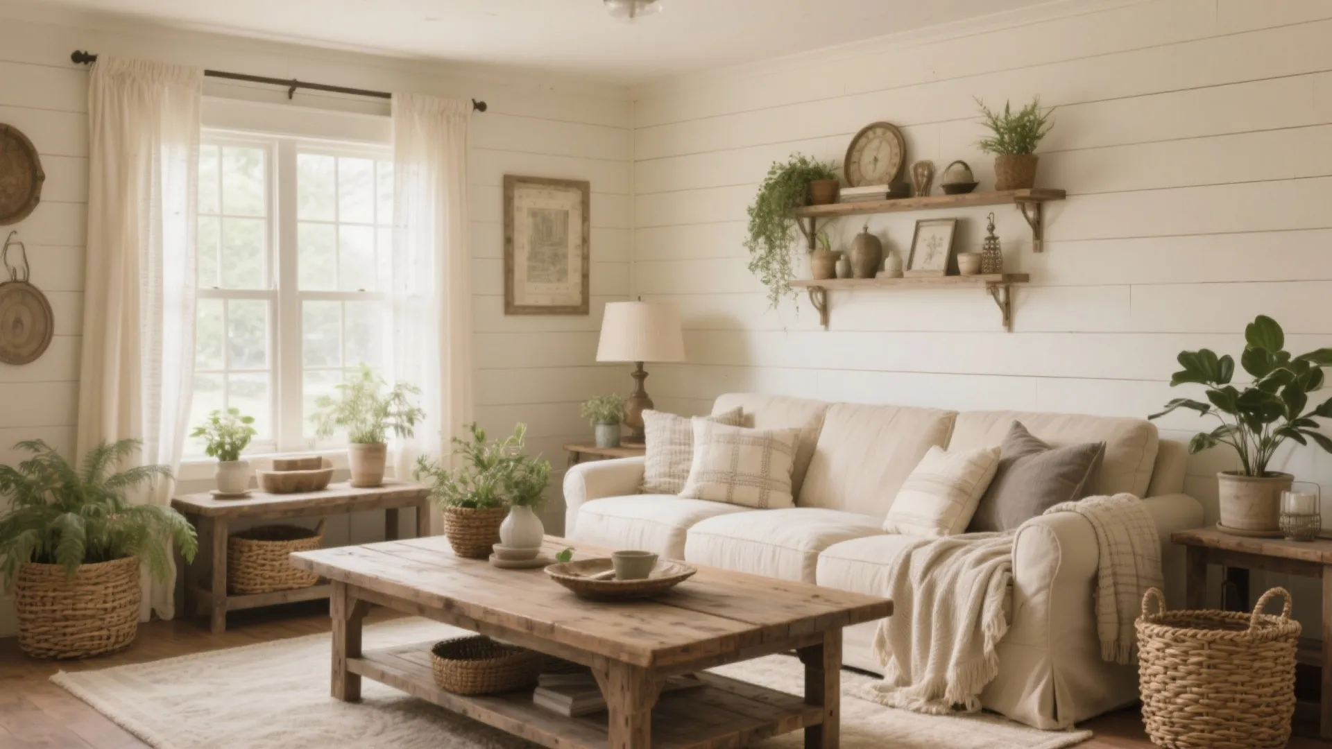 Cosy farmhouse living room featuring white sofa, wooden coffee table, green plants, and wall panel