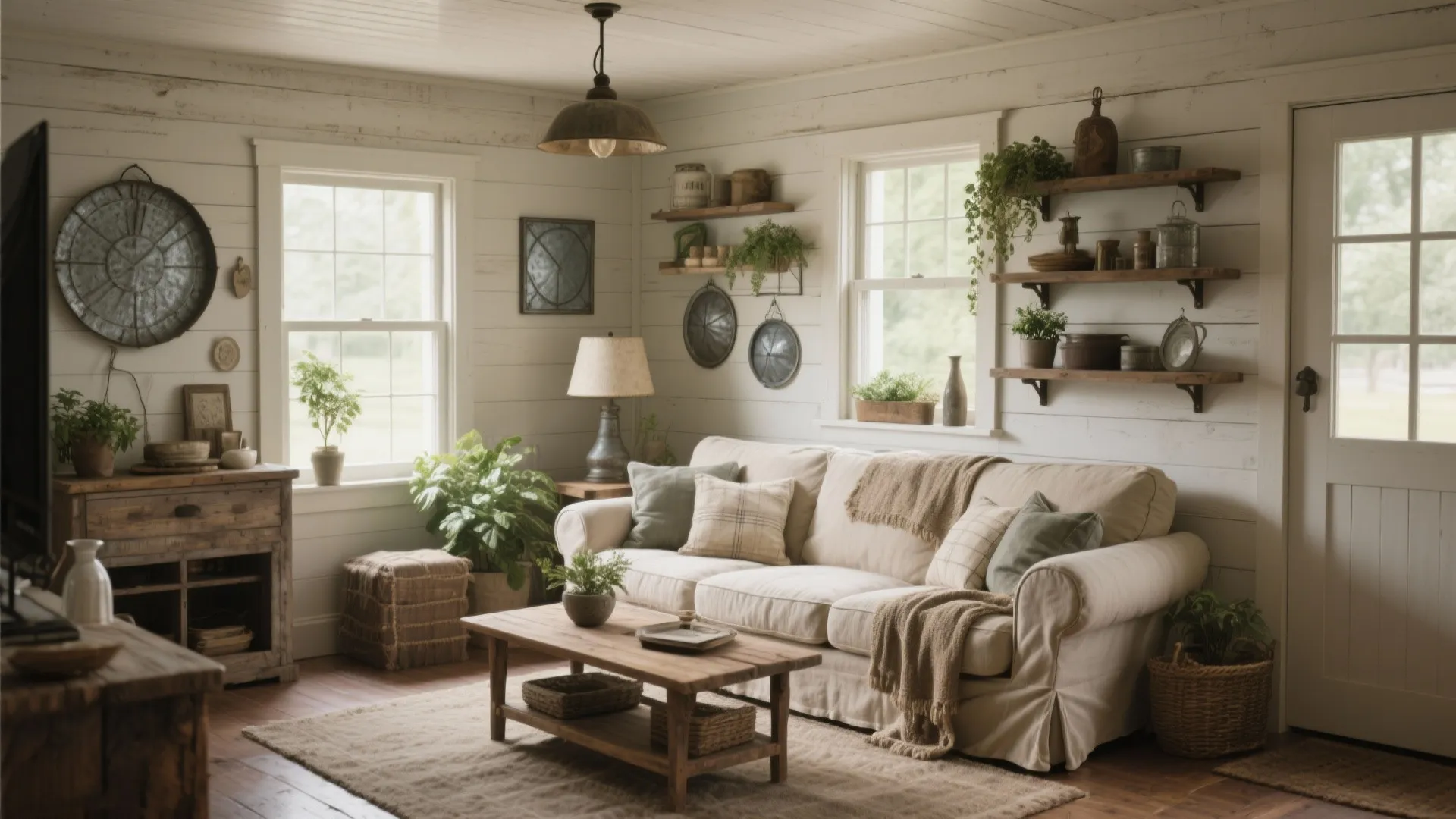 Cozy farmhouse living room with cream sofa wood coffee table wall shelves and natural light