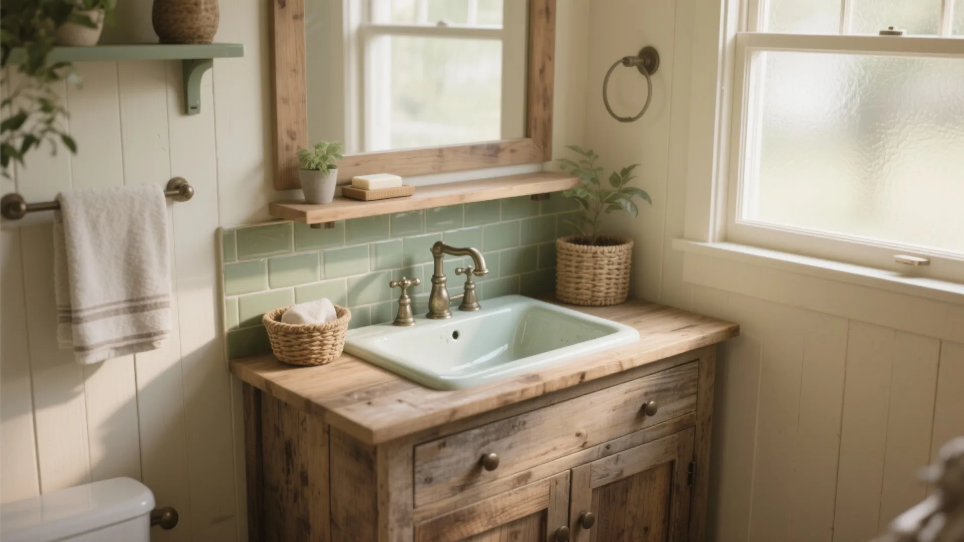 Light green bathroom sink on a wooden cabinet with green wall tiles and a window