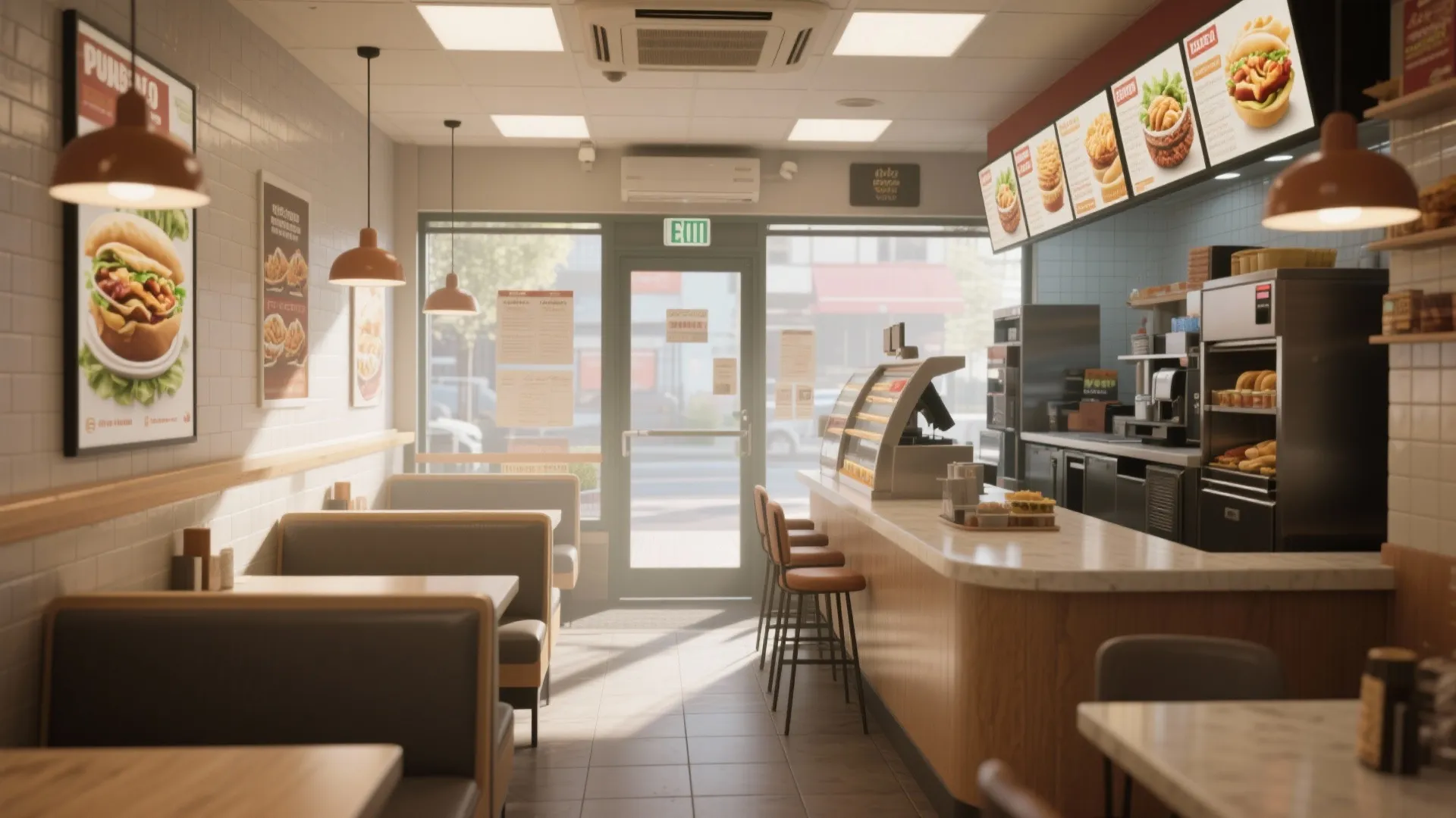 Modern fast food restaurant interior featuring booth seating, a long counter, and hanging ceiling lights