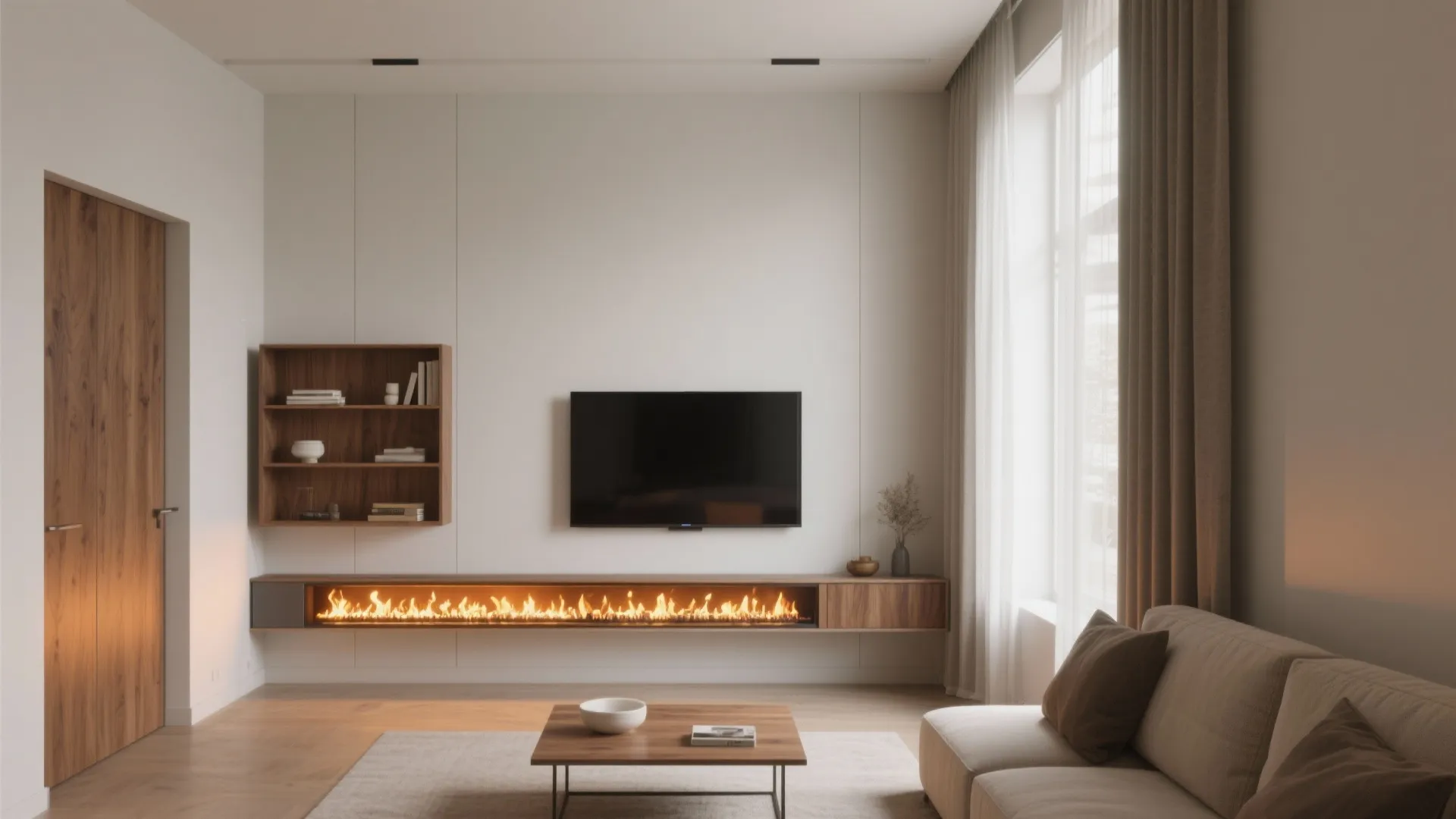 Minimalist living room with long electric fireplace below wall mounted television and wooden storage cabinet