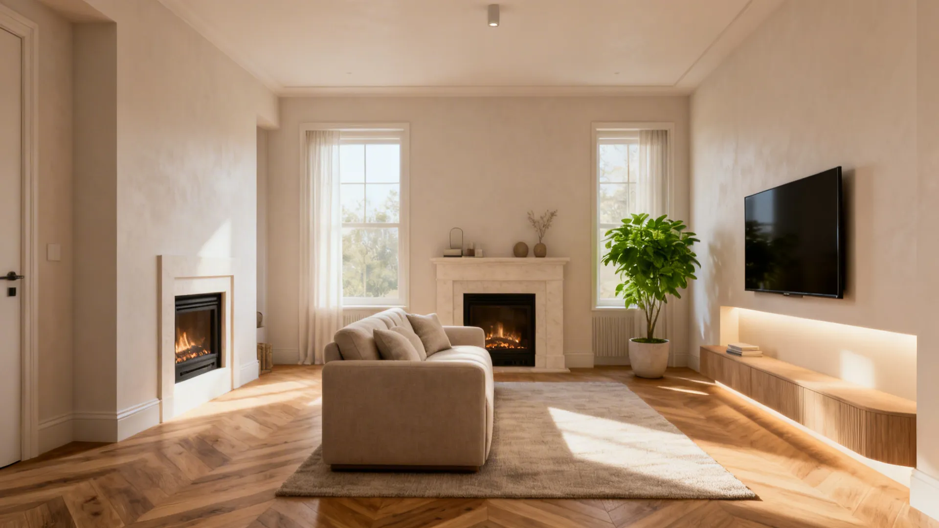 Modern living room featuring beige sofa two fireplaces wooden floor green plant and wall mounted television