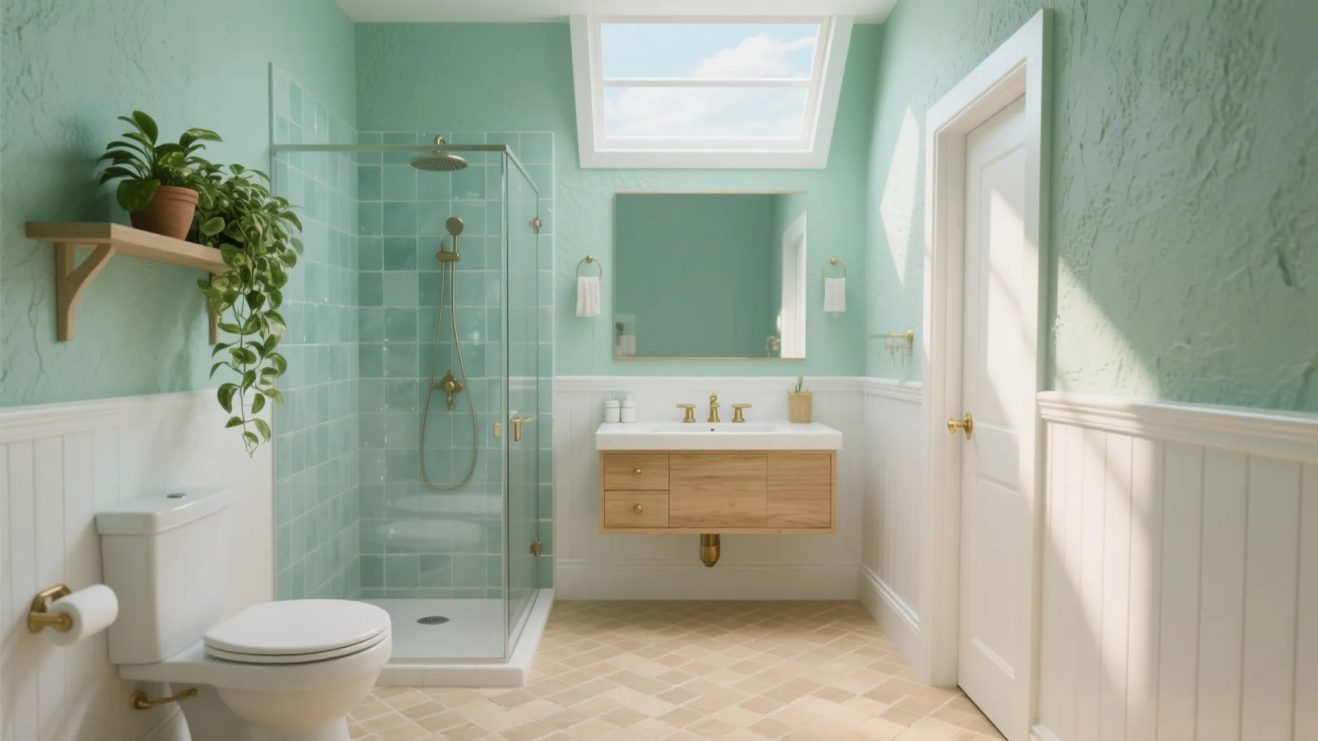 Modern mint green bathroom with glass shower wood cabinet white wall panel and roof window