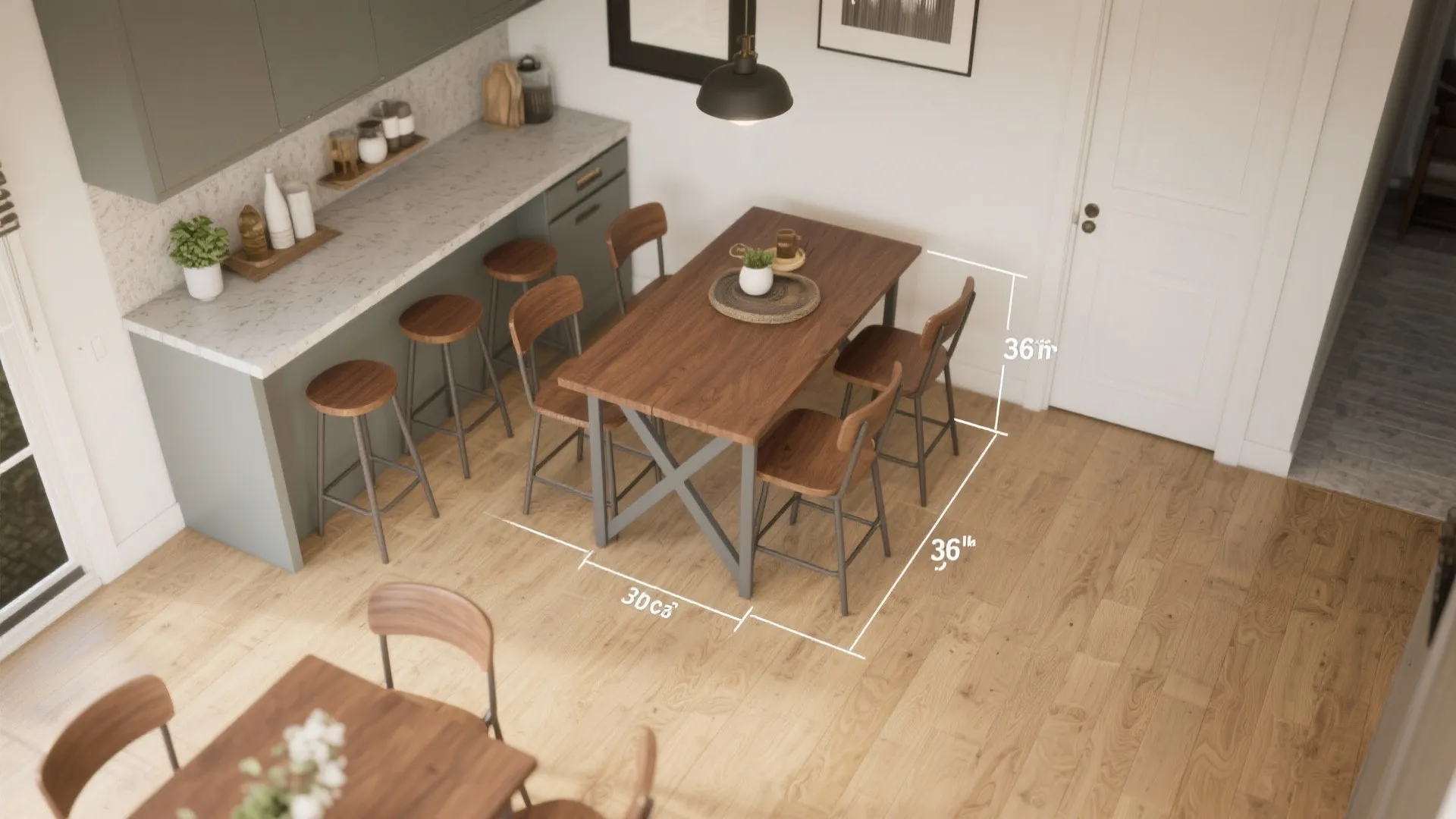 Top down interior design drawing showing kitchen island wood table chairs and floor plan measurements