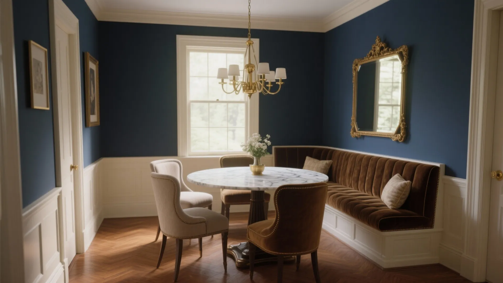Blue room with white wall panel brown sofa round marble table and gold ceiling light