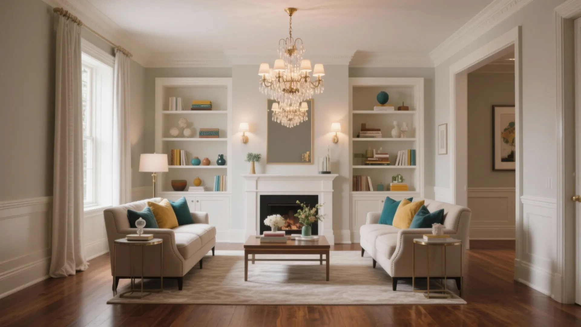 Symmetrical living room with white sofas fireplace crystal ceiling light built in bookshelves and wood floor