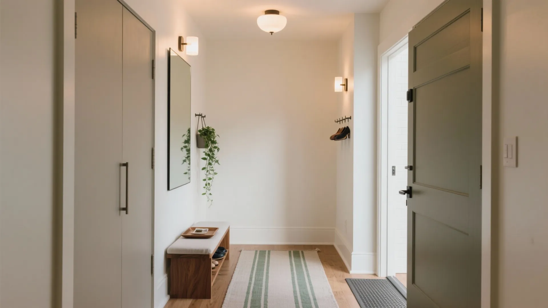 Bright white entryway with wooden bench mirror green plant striped rug ceiling light and open door