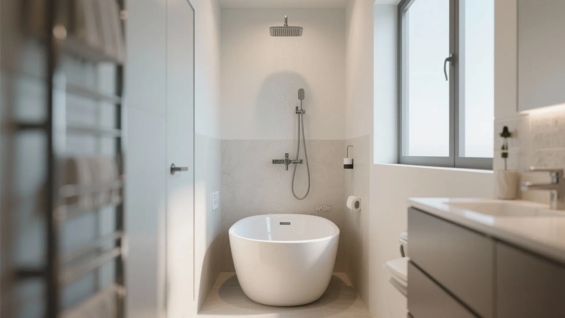 Small round white bathtub positioned under a ceiling shower head in a bright modern bathroom