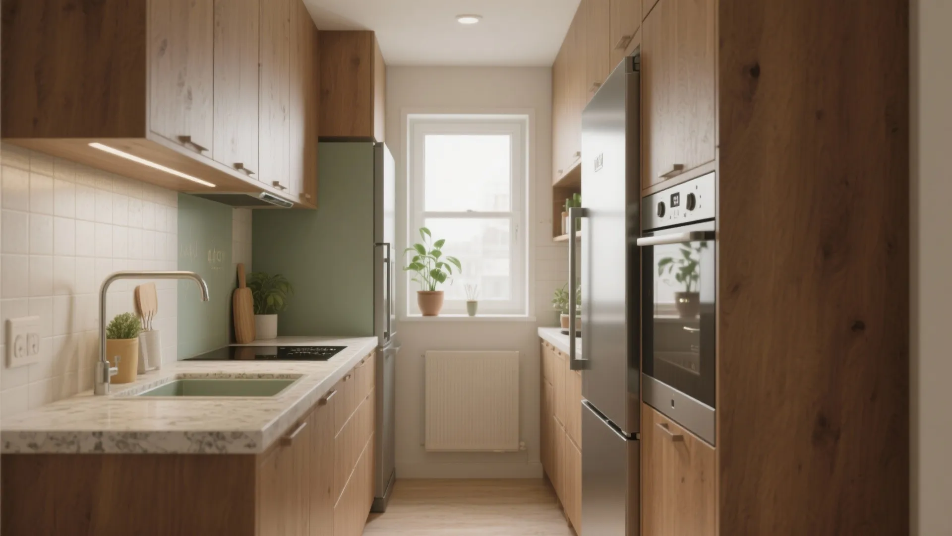 Narrow kitchen interior design drawing with wooden cabinets white sink silver fridge and small window