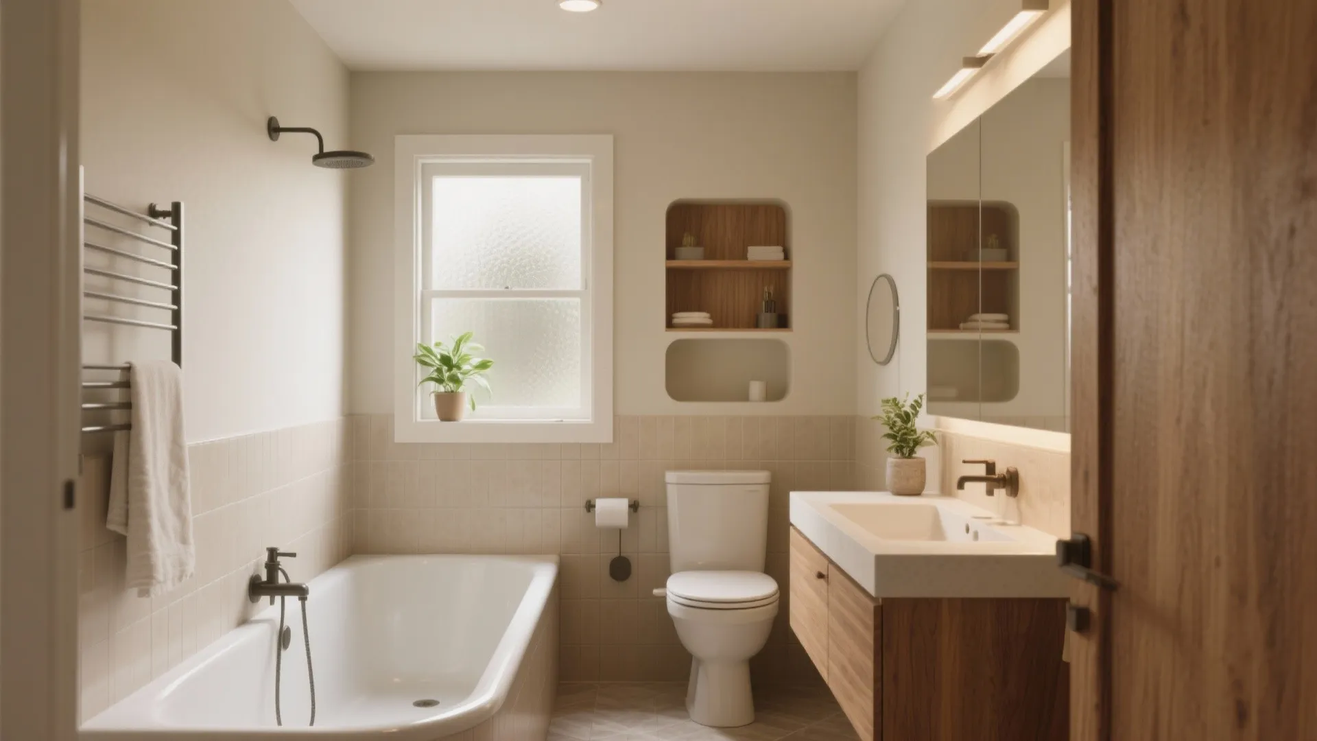 Modern bathroom with white bathtub wooden cabinet white toilet shower head and a small window