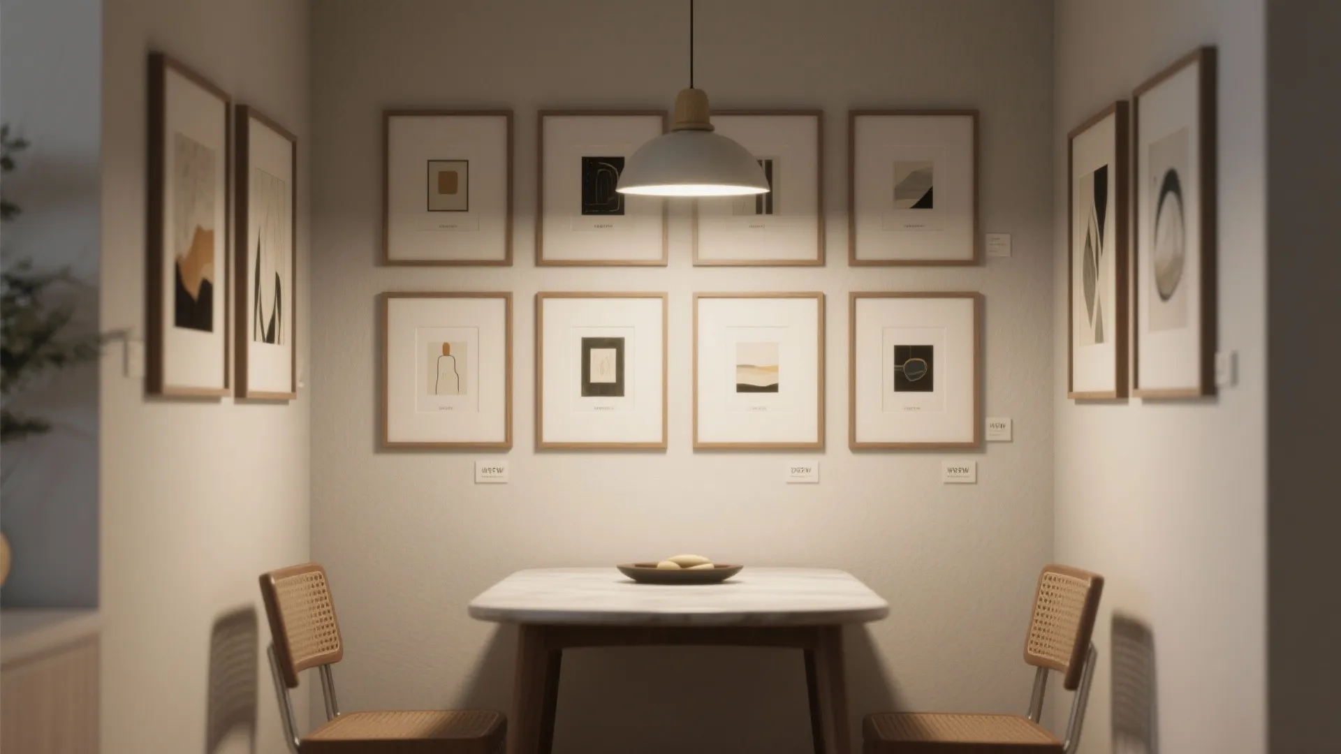 Dining table with two chairs under ceiling light surrounded by many framed pictures on wall