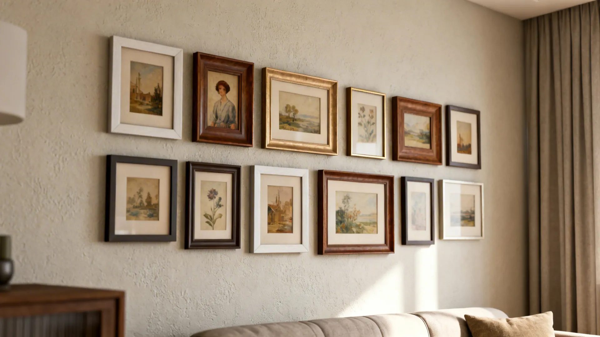 Curated gallery wall of small framed artworks with even spacing and complementary frames.