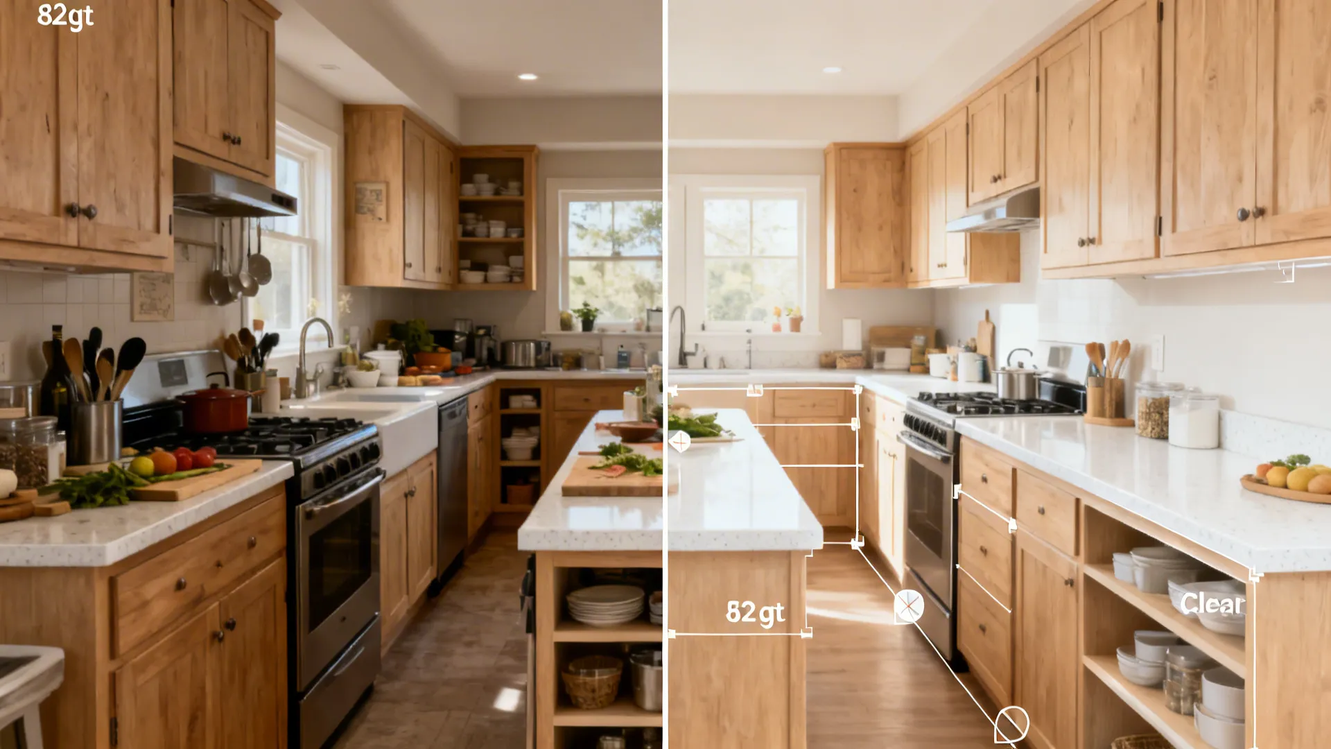 Before-and-after view of a tiny galley kitchen showing expanded usable counter space and improved flow.