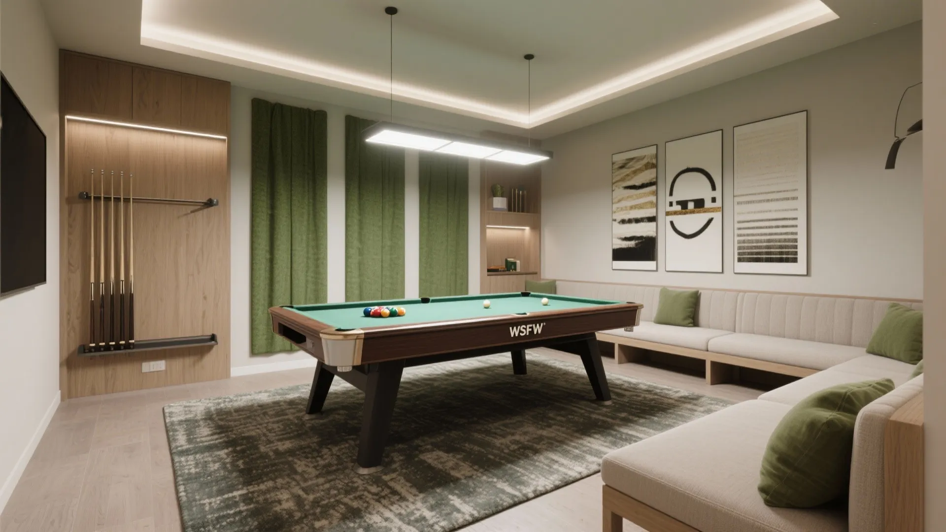 Modern game room with green pool table large corner sofa rug and light wood wall panels