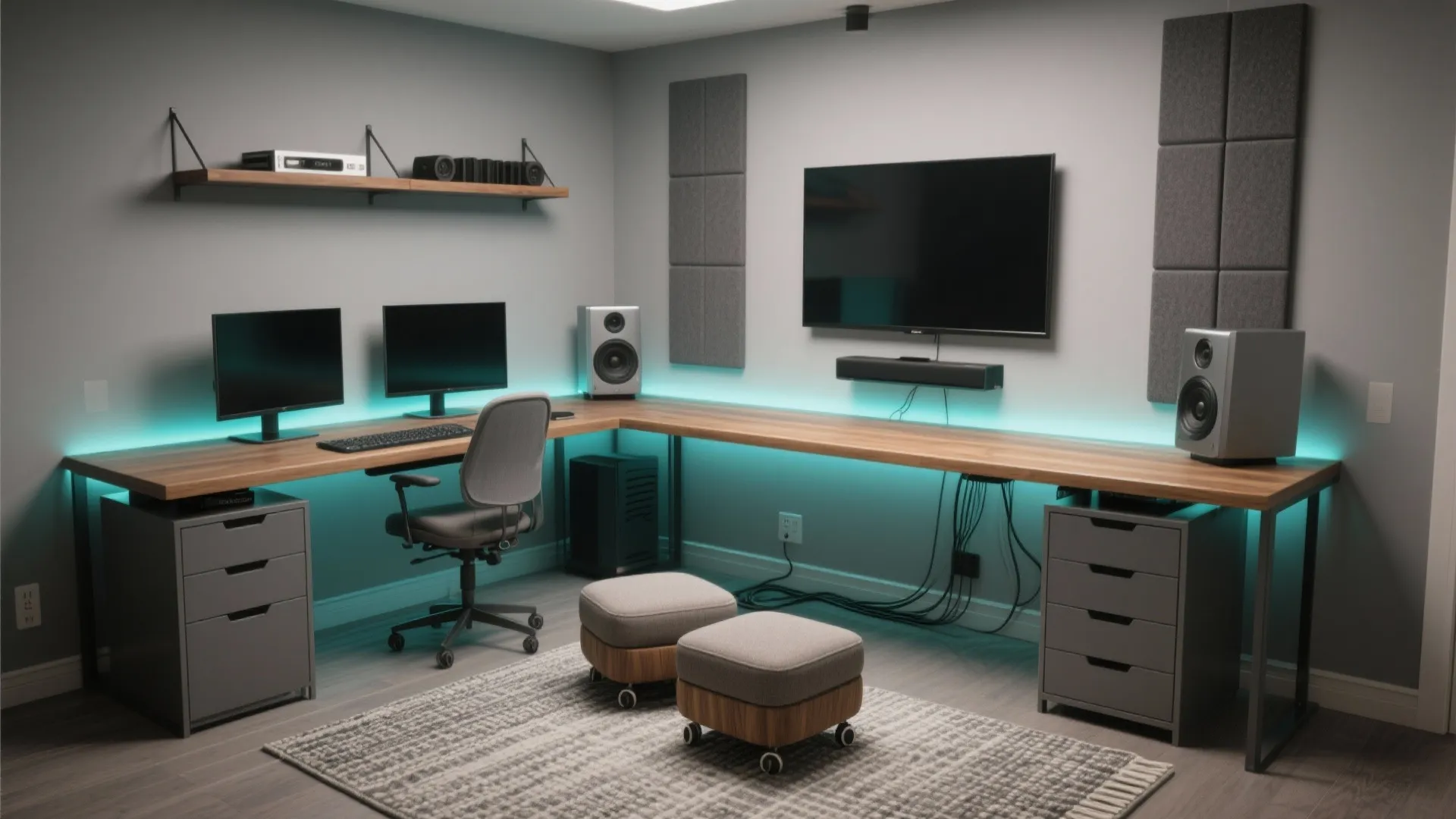 L-shaped wooden desk with two monitors and two footrests featuring teal light strips and cabinets