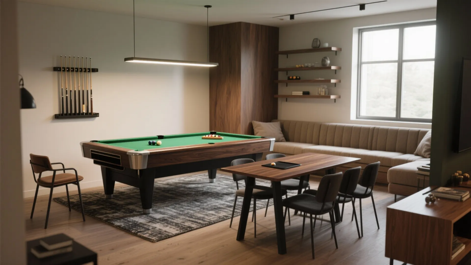 Modern game room with pool table wooden dining table sofa set wall shelves and ceiling light