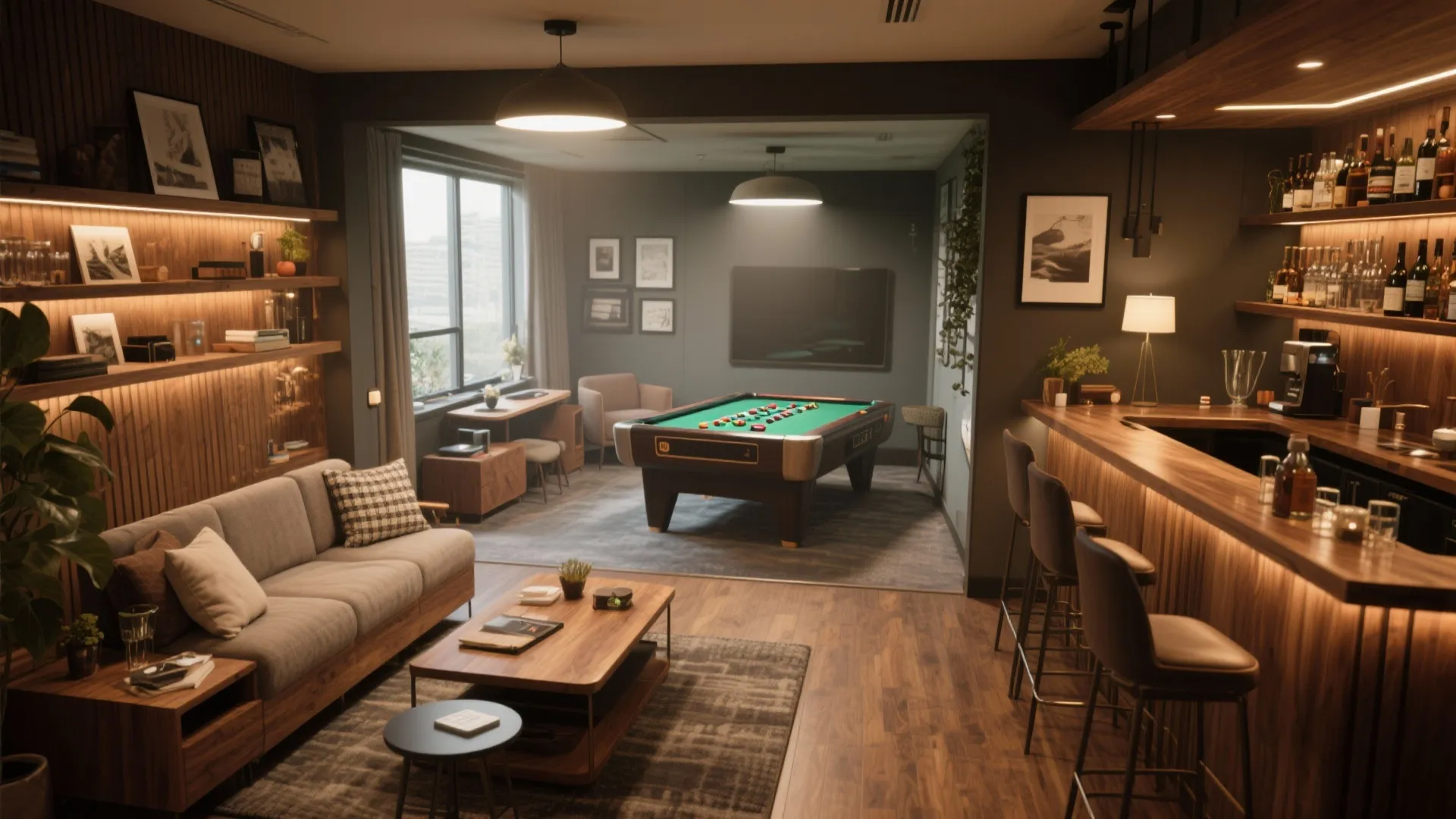 Modern game room featuring pool table bar counter with stools sofa and wooden coffee table