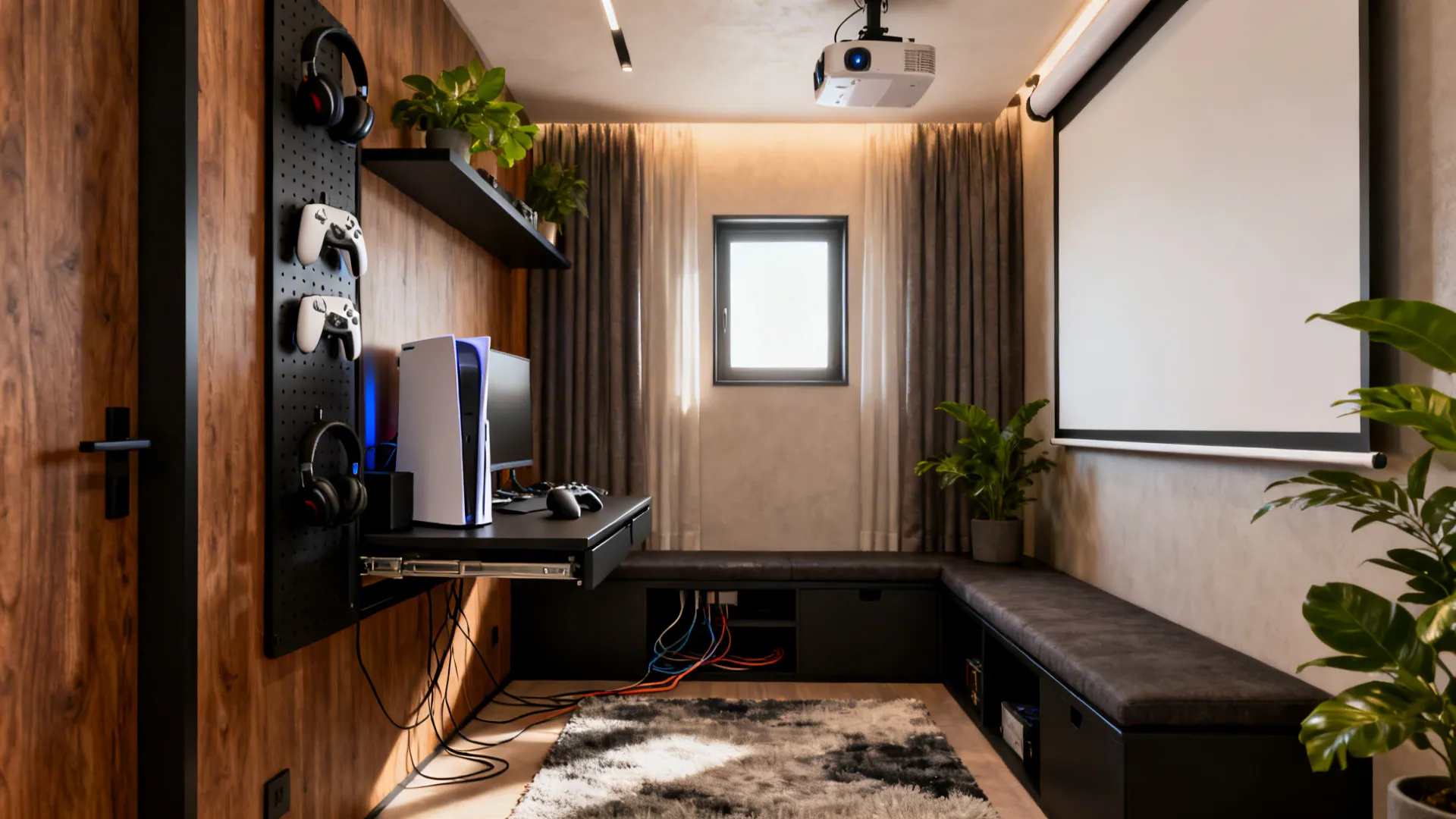 Modern gaming room with a wall-mounted desk, projector screen, l-shaped bench, and dark wooden panels