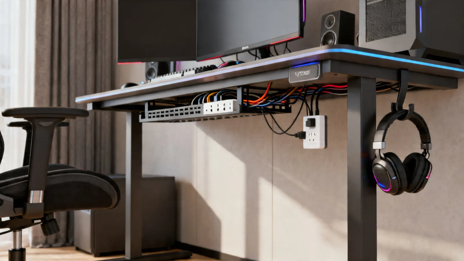 Gaming desk with organized cable management tray and headset hook