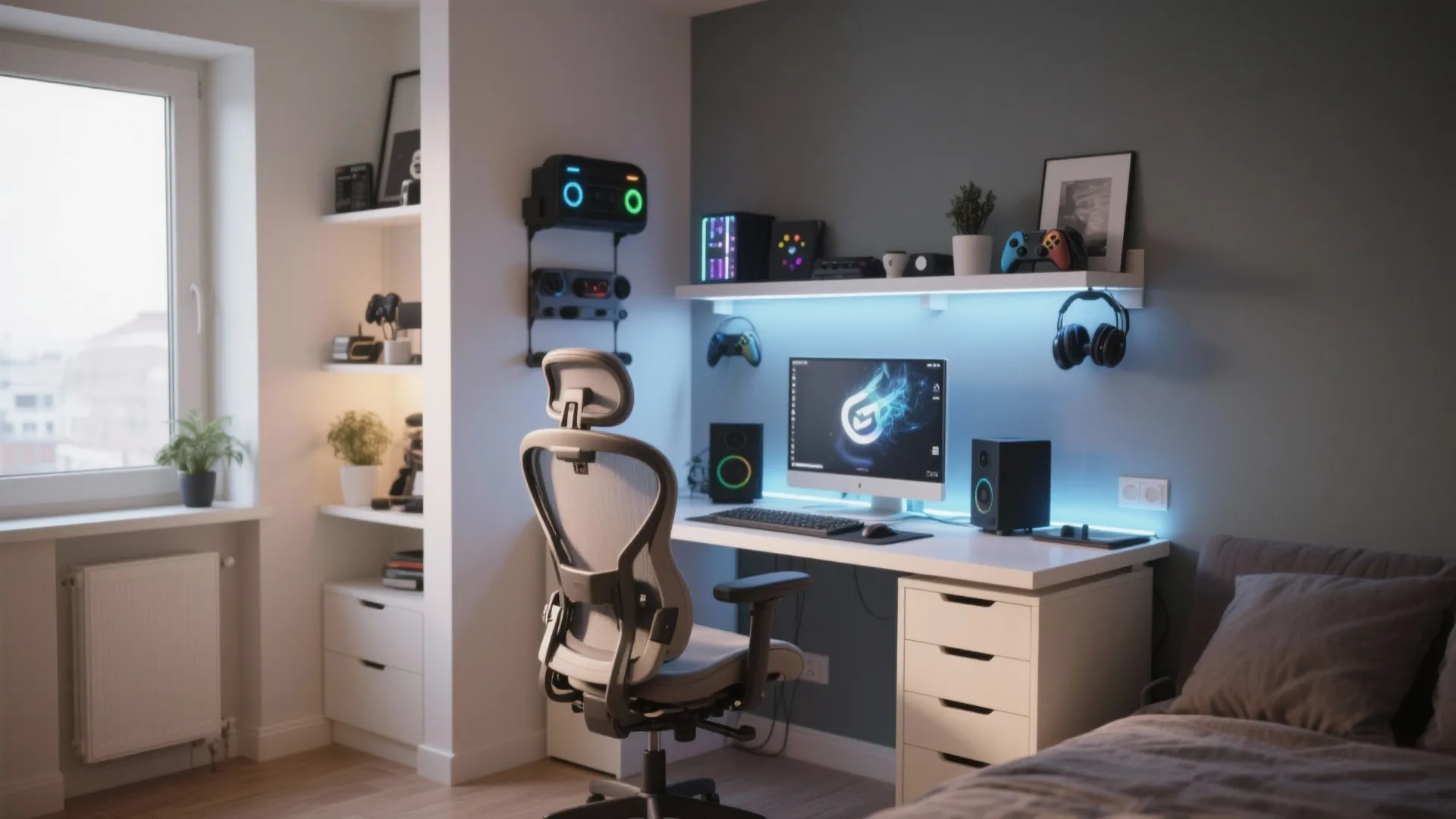 Small bedroom gaming setup with white desk and blue LED lights under shelves and monitor
