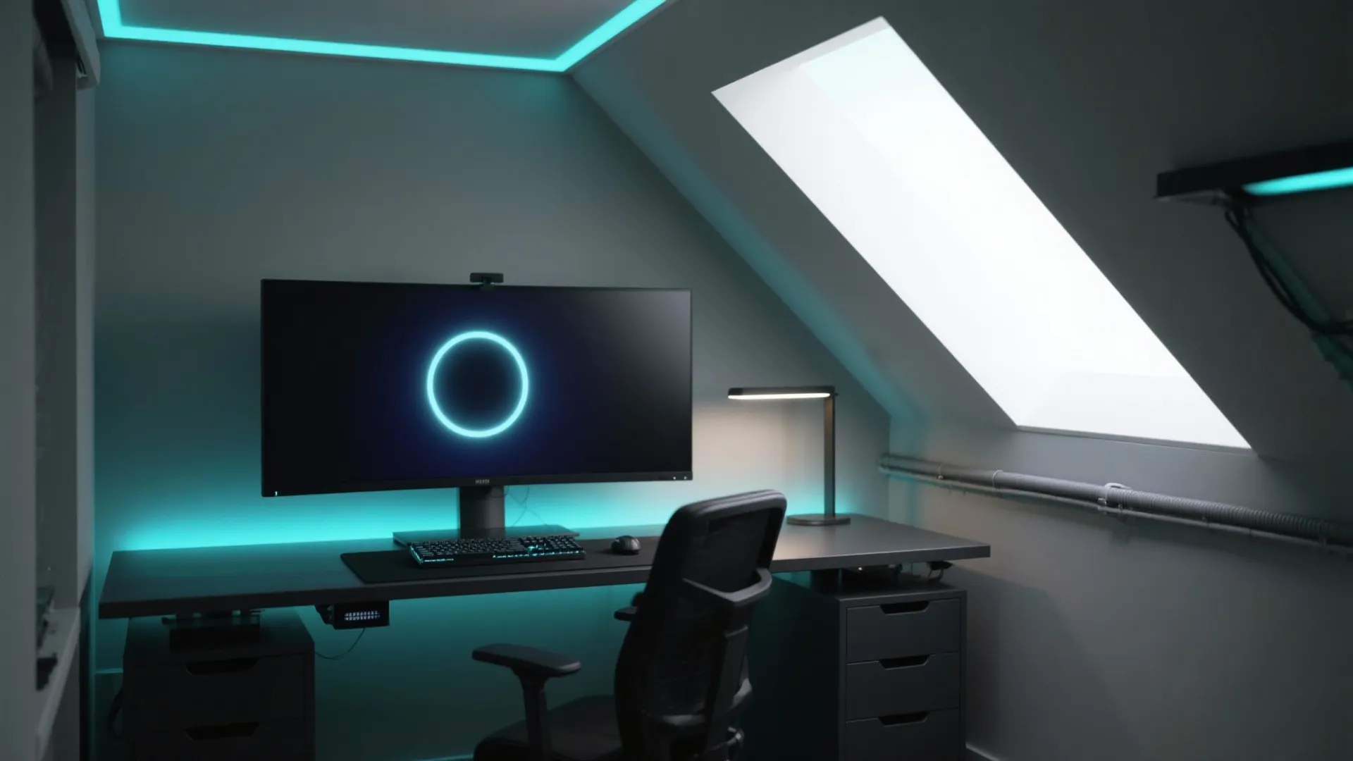 Gaming desk under a roof window with a curved monitor blue light and black chair