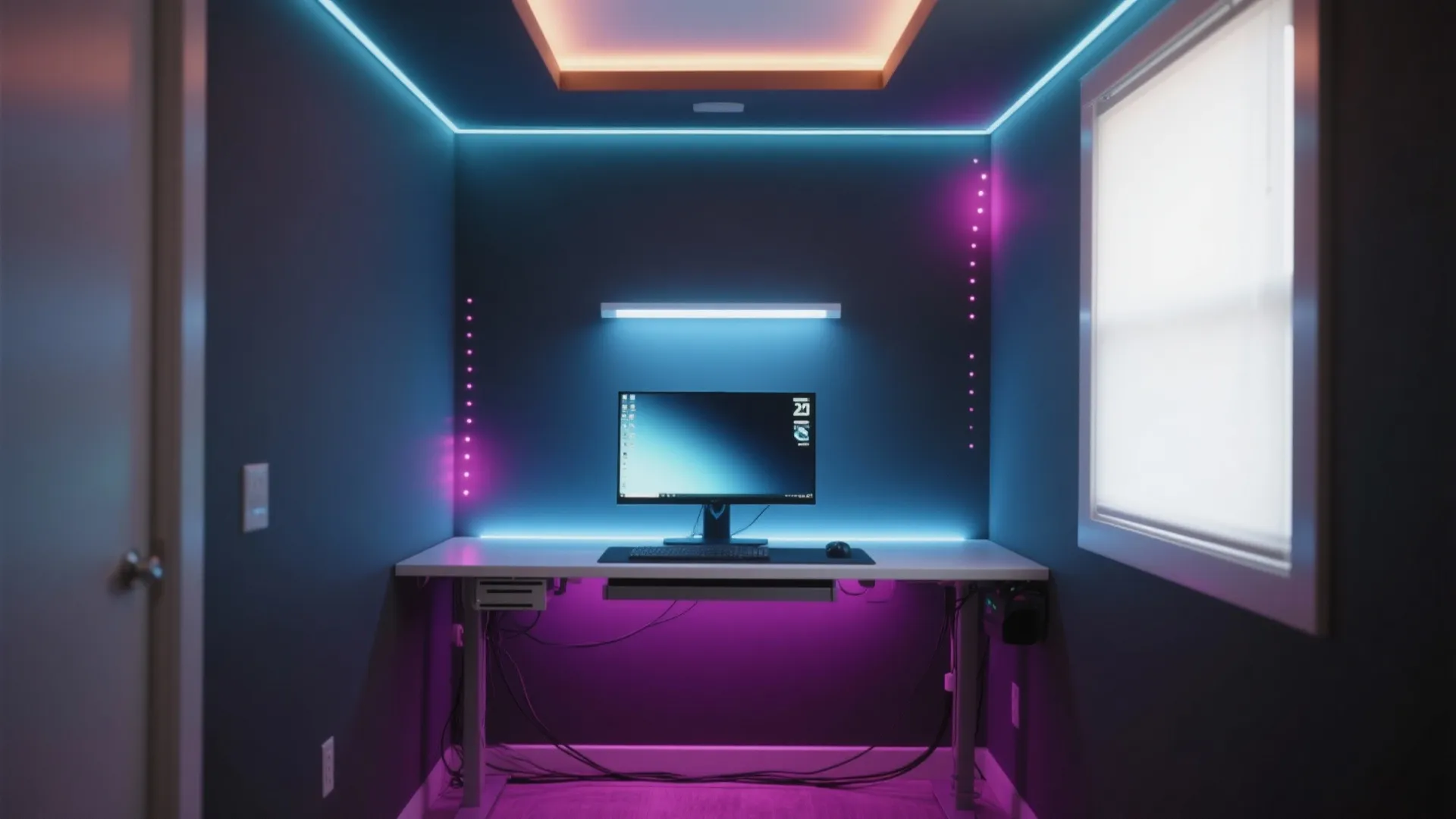 Gaming room with white desk and computer screen surrounded by purple and blue neon lights