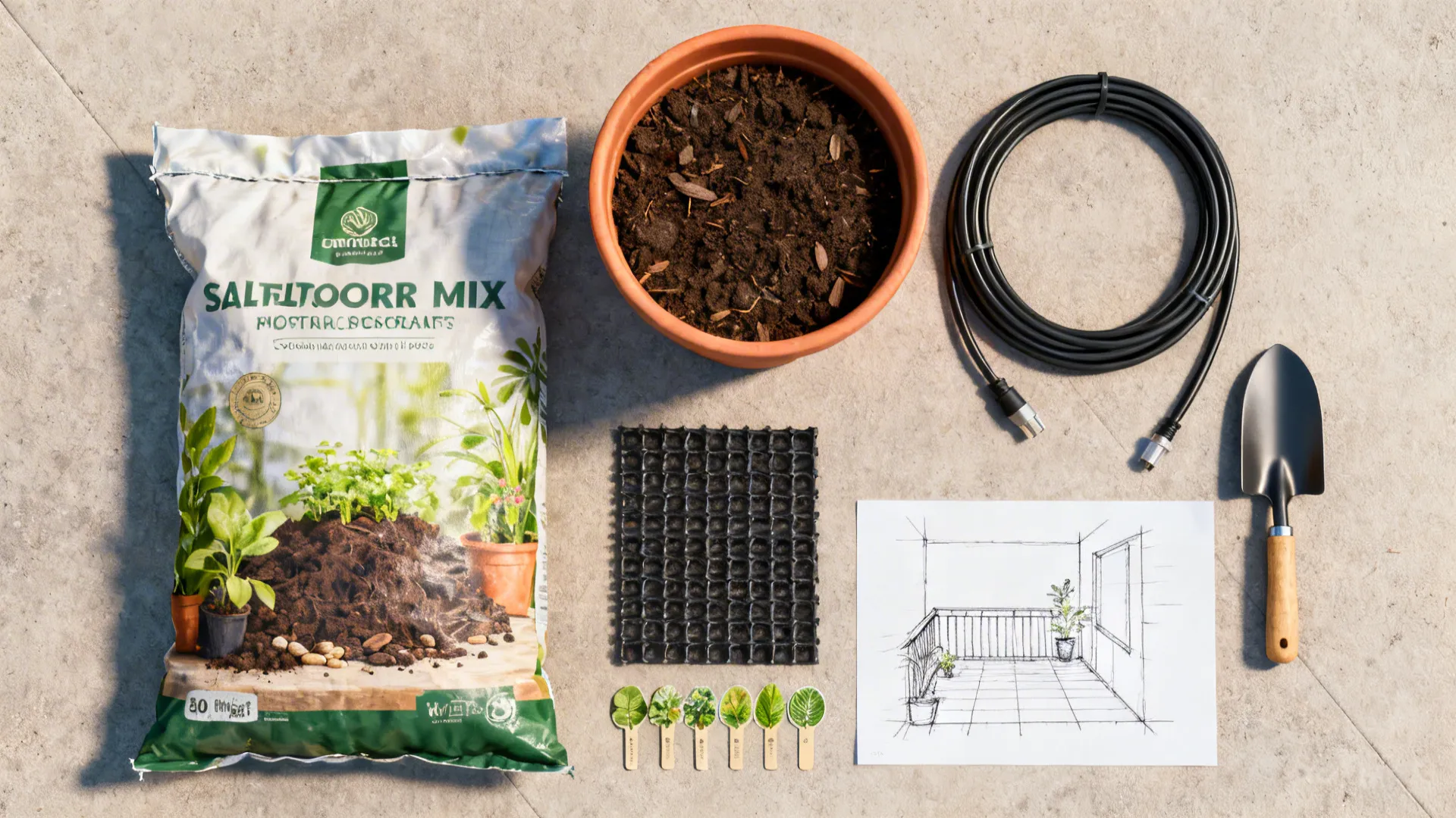 Top-down flatlay of potting mix, compost, drip tubing, tools, and a balcony sketch for small gardens.