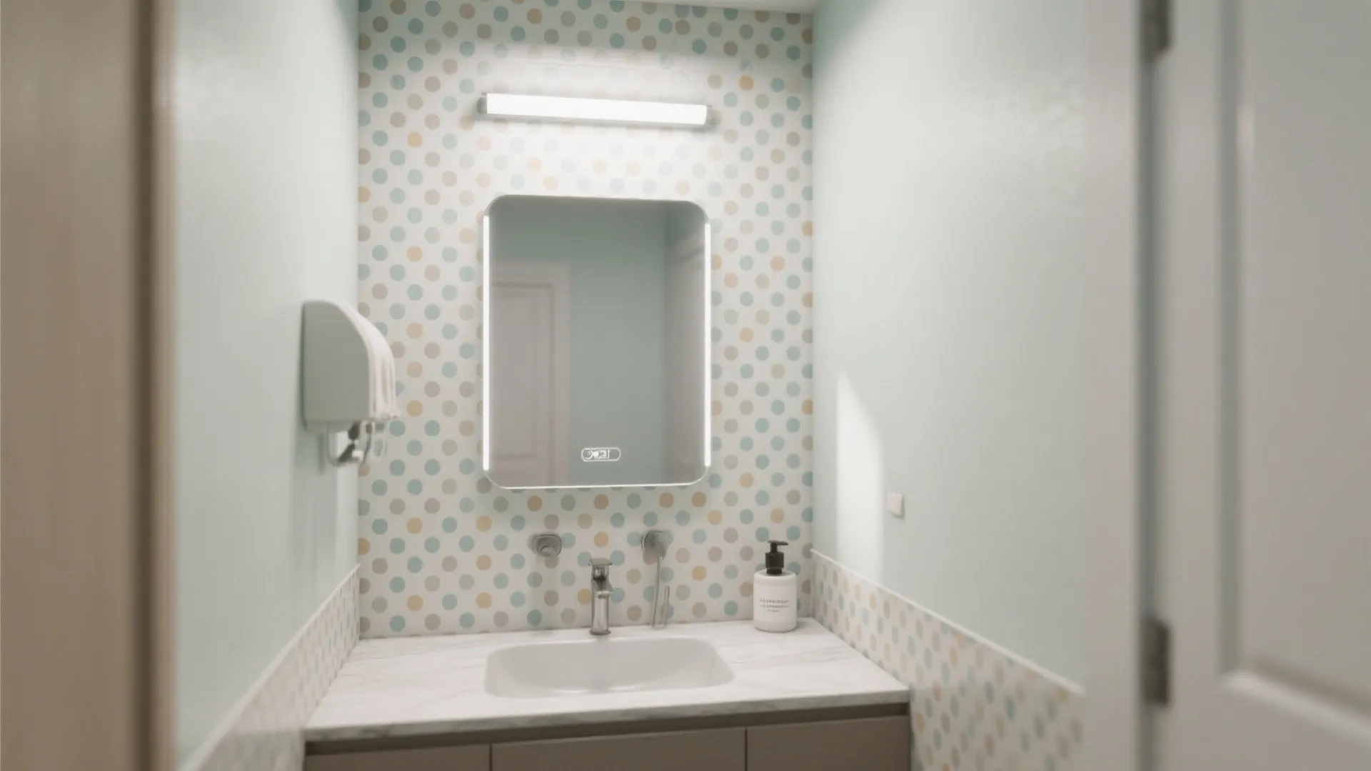 Small modern bathroom with colorful polka dot wallpaper a lighted mirror white sink and soap bottle