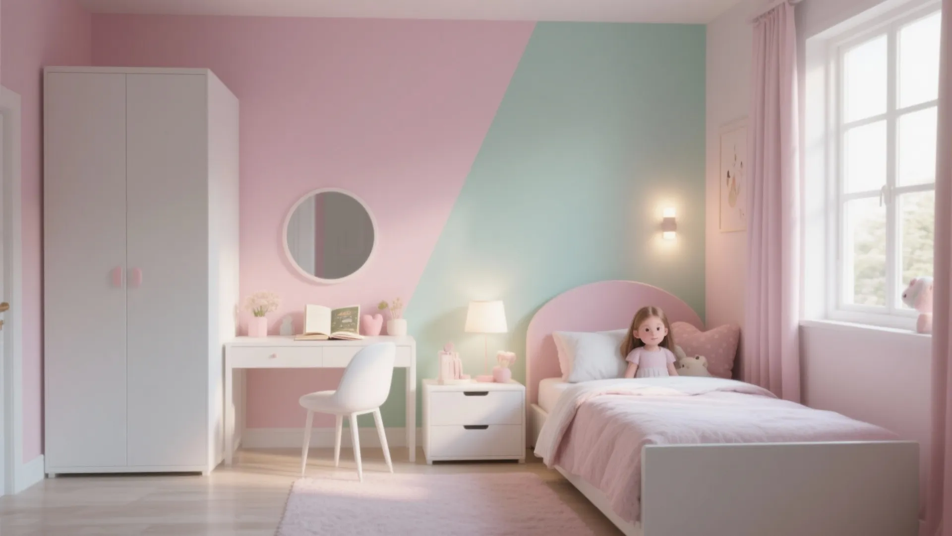 Girl bedroom with pink and green walls featuring white desk wardrobe bed and round wall mirror