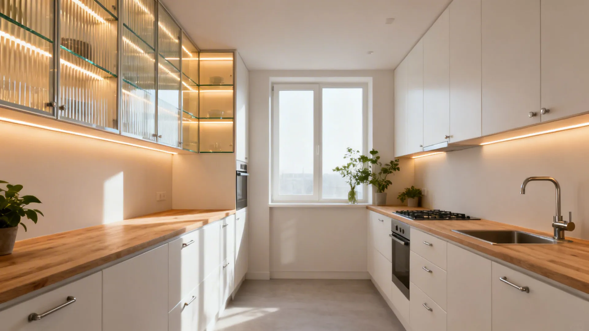 Modern white kitchen with wood countertops glass wall cabinets warm lights and a bright window