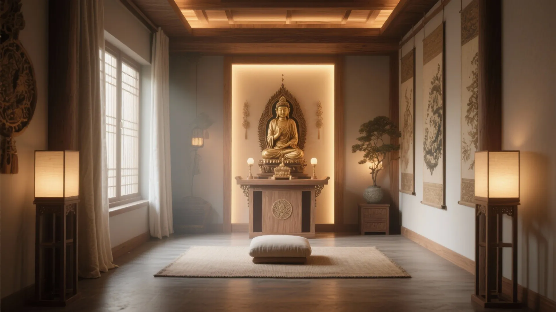 Peaceful meditation room with golden statue on cabinet floor cushion rug and warm light fixtures