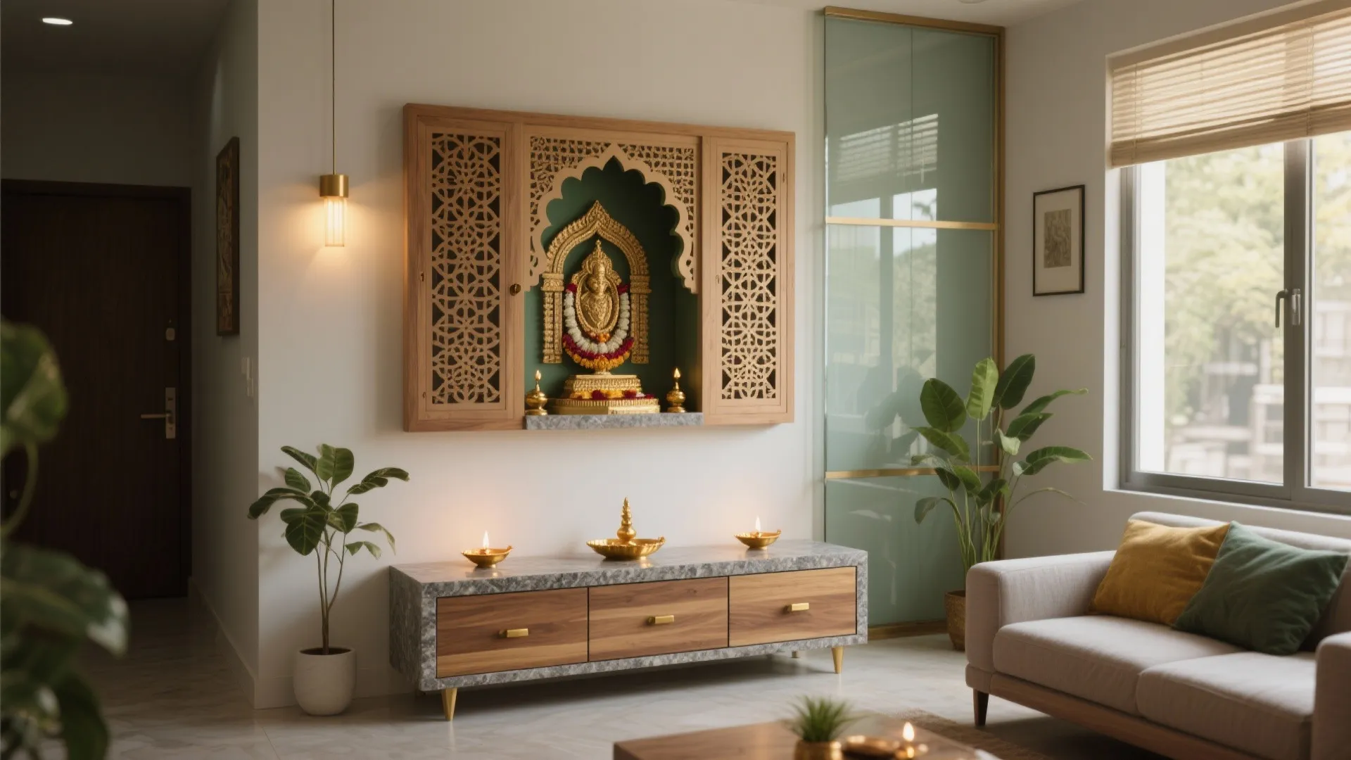 Modern prayer corner with wooden cabinet gold statue marble console table and grey sofa furniture
