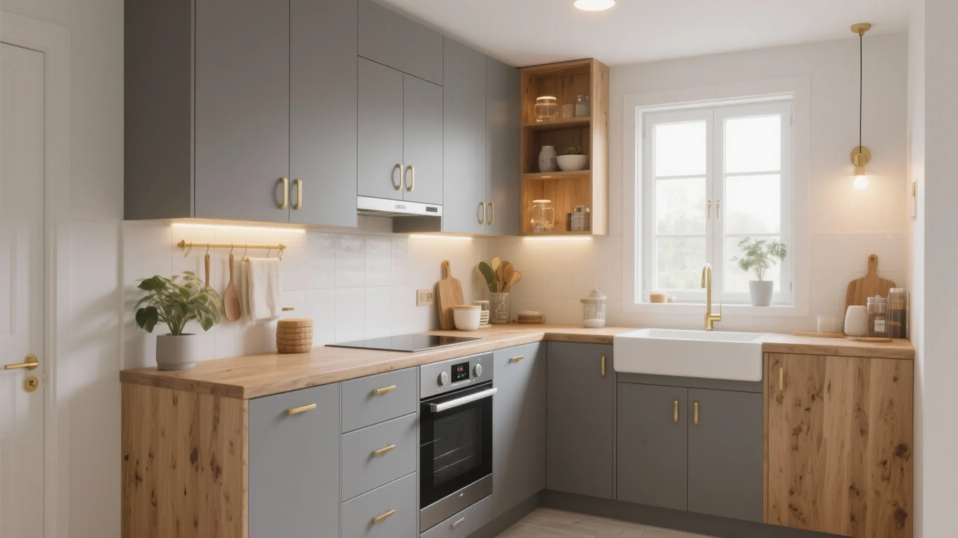 Modern kitchen with grey cabinets wood countertops white sink gold faucet and bright window light view