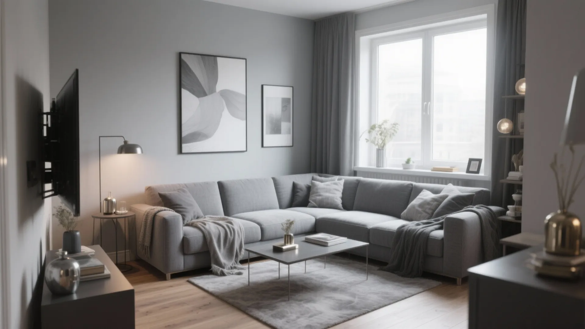 Small grey living room featuring corner sofa coffee table grey walls rug and large window