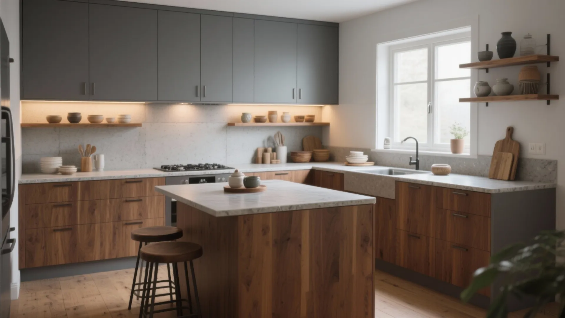 Modern kitchen with grey upper cabinets wooden lower cabinets small island white window and floor