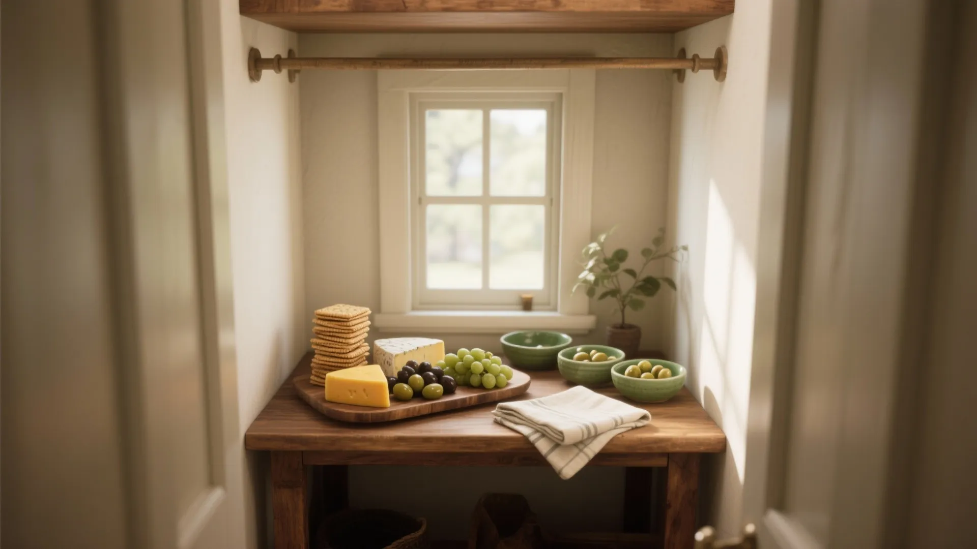 Wooden table with cheese board grapes crackers and olives in front of a bright window