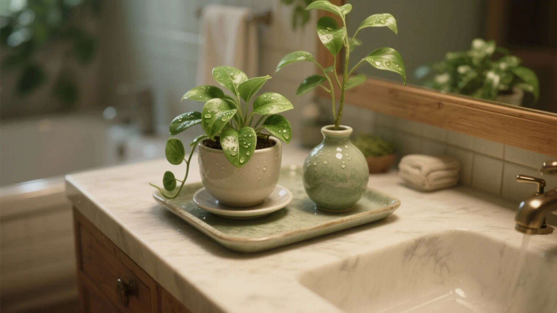 Two small green plants in ceramic pots sitting on a tray on marble bathroom counter